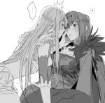  ... 2girls ? backlighting blush commentary_request face-to-face fate/grand_order fate_(series) frills from_side fur_trim greyscale hair_between_eyes hand_on_another&#039;s_cheek hand_on_another&#039;s_face imminent_kiss long_hair looking_at_another medb_(fate)_(all) medb_(fate/grand_order) monochrome multiple_girls parted_lips profile scathach_(fate)_(all) scathach_skadi_(fate/grand_order) sketch spoken_ellipsis spoken_question_mark sweat tatsuta_age tiara white_background yuri 