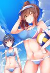  2girls armband beach_volleyball bikini black_hair blue_bikini blue_eyes blue_hair blue_hairband blue_sky breasts brown_eyes brown_hair cevio clouds commentary_request cowboy_shot day gluteal_fold groin hairband konnyaku_(kk-monmon) large_breasts legs_apart long_hair looking_at_viewer medium_breasts multiple_girls navel one_eye_closed outdoors satou_sasara short_hair side_ponytail sky smile sports_bikini standing stomach suzuki_tsudumi swimsuit tank_top visor_cap volleyball volleyball_net 