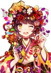  1girl ;d animal ball bangs bell blunt_bangs boar brown_hair commentary_request crown dice dice_hair_ornament ema food_themed_hair_ornament gold hagoita hair_ornament hair_ribbon hair_stick hanetsuki happy_new_year highres japanese_clothes jingle_bell kimono koban_(gold) long_sleeves looking_at_viewer multicolored multicolored_nails nail_polish neck_ribbon new_year obi one_eye_closed open_mouth original outline paddle print_kimono red_ribbon revision ribbon rope round_teeth sash shimenawa short_hair simple_background smile solo spinning_top tareme tassel teeth temari_ball translated upper_body upper_teeth user_fvsd2278 white_background white_outline wide_sleeves yellow_eyes yellow_kimono 
