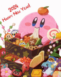  2024 blue_eyes blush_stickers closed_mouth colored_skin commentary eating elfilin food food_on_head fruit fruit_on_head happy_new_year highres invincible_candy king_dedede kirby kirby_(series) magolor mandarin_orange maxim_tomato meta_knight miclot no_humans object_on_head osechi pink_skin shrimp simple_background smile star_(symbol) waddle_dee white_background zouni_soup |_| 
