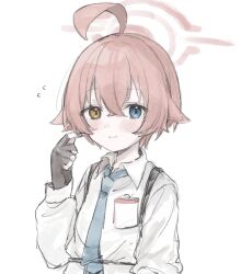  1girl ahoge black_gloves blue_archive blue_eyes blue_necktie blush chest_strap collared_shirt commentary_request crossed_bangs fingerless_gloves flying_sweatdrops gloves hair_between_eyes hair_flaps halo heterochromia highres hoshino_(blue_archive) huge_ahoge id_card looking_at_viewer necktie official_alternate_hair_length official_alternate_hairstyle orange_eyes oshio_(baniniwana) pink_hair pink_halo shirt short_hair sidelocks simple_background sketch solo twirling_hair upper_body white_background white_shirt 