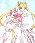  bad_id bishoujo_senshi_sailor_moon blonde_hair blue_eyes chibi_usa double_bun double_buns dress earrings gown hairclip hand_holding holding_hands isao jewelry long_hair mother_and_daughter multiple_girls pink_eyes pink_hair princess_serenity short_twintails small_lady_serenity tsukino_usagi twintails white_dress 