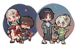  alternate_costume alternate_hairstyle bag black_footwear black_hair black_hakama black_kimono blonde_hair blunt_ends blush blush_stickers bow braid braided_bun bright_pupils brown_footwear brown_hair brown_sash cross-shaped_pupils egasumi fiwbu_2 flower genshin_impact geta gradient_hair green_eyes green_hair green_kimono green_mask grey_eyes grey_haori grey_kimono hair_between_eyes hair_bun hair_flower hair_intakes hair_ornament hakama half_up_braid hanako_(jibaku_shounen_hanako-kun) hand_fan handbag happy height_difference highres holding holding_bag holding_fan holding_hands japanese_clothes jibaku_shounen_hanako-kun kimono long_hair long_sleeves looking_at_another mask mask_on_head multicolored_hair nahida_(genshin_impact) obi obijime okobo open_mouth pink_kimono pink_sleeves pointing pointing_to_the_side red_bow red_eyes red_sash samue sandals sash scaramouche_(genshin_impact) short_hair_with_long_locks single_hair_bun symbol-shaped_pupils tabi three-quarter_sleeves toes triangle_mouth triangular_headpiece walking white_background white_hair white_pupils wide_sleeves yashiro_nene yellow_eyes yukata 