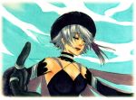  .hack//g.u. .hack//roots breasts cleavage closed_eyes earrings elbow_gloves g_(pixiv32403) gloves hat jewelry marker_(medium) sanbou shino shino_(.hack//) short_hair silver_hair traditional_media 