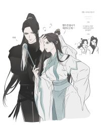  1boy 1girl absurdres bindi black_hair black_hanfu chinese_clothes clenched_teeth closed_mouth cowboy_shot ea_ateu green_eyes hair_bun hand_on_another's_face hand_on_another's_head hanfu high_ponytail highres holding hossu korean_commentary korean_text long_hair long_sleeves looking_at_another ming_yi multiple_views one_eye_closed ponytail puff_of_air sash shi_qingxuan teeth tianguan_cifu white_hanfu wide_sleeves xiao_guan_(headdress) yellow_eyes 