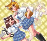  =_= animal_ears bespectacled blonde_hair brown_eyes brown_hair cat_ears cat_tail chen fang fox_ears fox_tail glasses hair_ribbon kneehighs long_hair multiple_girls multiple_tails necktie ribbon sasuke_(artist) sasuke_(sasuke_no_sato) school_uniform short_hair skirt socks tail touhou yakumo_ran yakumo_yukari yellow_eyes 