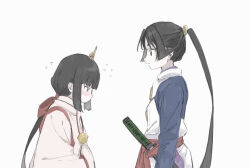  1boy 1girl androgynous belt black_hair blue_shirt blunt_bangs blush character_request check_character commentary_request embarrassed flying_sweatdrops from_side green_eyes height_difference houjou_tokiyuki_(nige_jouzu_no_wakagimi) japanese_clothes kimono long_hair looking_at_another low_ponytail nige_jouzu_no_wakagimi oshio_(baniniwana) parted_bangs ponytail red_belt sheath sheathed shirt shizuku_(nige_jouzu_no_wakagimi) side_ponytail sidelocks simple_background sword upper_body very_long_hair violet_eyes weapon white_background white_kimono 
