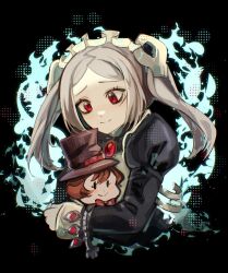  2girls absurdres awee black_background bloody_marie_(skullgirls) closed_mouth commentary furrowed_brow gem grey_hair highres long_hair maid maid_headdress mini_person minigirl multiple_girls peacock_(skullgirls) red_eyes red_gemstone skullgirls smile twintails 