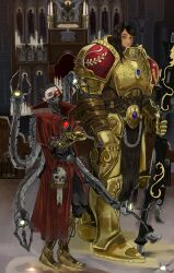  1boy 1girl absurdres adeptus_custodes adeptus_mechanicus armor black_hair breastplate cloak commission cyborg dark-skinned_female dark_skin gauntlets gold_armor height_difference highres kkghost_tv leg_armor loincloth looking_at_viewer mechanical_arms pauldrons polearm power_armor red_cloak shoulder_armor single_mechanical_arm tall_female techpriest warhammer_40k weapon 