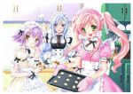  3girls absurdres baking blue_eyes blue_hair cookie cream_on_face eating egg female food green_eyes highres kamiya_maneki kitchen maid maid_headdress multiple_girls oven_mitts pink_hair purple_hair tagme tray whisk yellow_eyes 