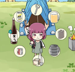  1girl alcohol_carton animal_crossing animal_crossing_(style) beer_can beer_mug blush bocchi_the_rock! bottle bottle_opener can chibi choko_(cup) closed_mouth cup dress drink_can fang fang_out fire green_dress hip_flask hiroi_kikuri holding holding_bottle jacket long_hair masu mug open_clothes open_jacket outdoors purple_hair rock sake_bottle solo standing tent torako_(toramaru) violet_eyes 