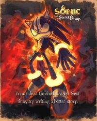  1boy absurdres alternate_form animal_nose anklet aura blank_eyes bracelet copyright_name darkspine_sonic derivative_work english_text facing_viewer fiery_aura fire floating full_body furry furry_male glowing_bracelet hedgehog_boy highres jewelry kornart logo no_mouth purple_fur red_aura screenshot_redraw short_tail sonic_(series) sonic_and_the_secret_rings sonic_the_hedgehog source_quote tail 