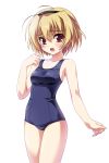  breasts hairband hal higurashi_no_naku_koro_ni houjou_satoko one-piece_swimsuit open_mouth red_eyes school_swimsuit short_hair simple_background swimsuit white_background yasaka_minato 