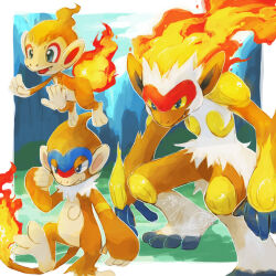  blue_eyes chimchar closed_mouth colored_sclera commentary_request dated evolutionary_line fang fire infernape monferno monkey pokemon pokemon_(creature) smile standing tail toneko yellow_sclera 