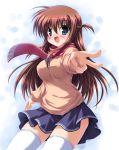  breasts brown_hair long_hair open_mouth scarf skirt takeponi thigh-highs thighhighs v 