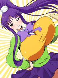  1girl banana blush bow breasts eiken eyebrows eyelashes food fruit green_shirt grey_eyes hair_tie hand_on_own_hip hoxutixu huge_bow huge_breasts long_hair misono_kirika ponytail purple_bow purple_hair purple_skirt school_uniform shirt sidelocks skirt smile sweater_vest tight_clothes very_long_hair yellow_sweater_vest zashono_academy_school_uniform 