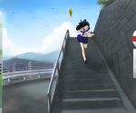  bag black_hair city dackq guard_rail leaf midriff mountain navel open_mouth road_sign running school_uniform sign skirt socks solo stairs stars wind 