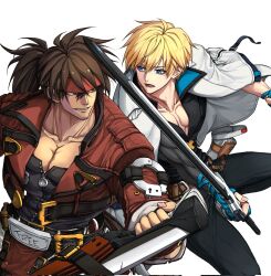  2boys belt belt_buckle black_pants black_shirt blonde_hair brown_eyes brown_hair buckle collarbone commentary_request cropped_jacket ebi_pri_shrimp english_text eye_contact feet_out_of_frame fingerless_gloves gloves grin guilty_gear guilty_gear_strive headband highres holding holding_sword holding_weapon jacket ky_kiske lapels long_sleeves looking_at_another lower_teeth_only male_focus multiple_boys notched_lapels open_mouth pants pectoral_cleavage pectorals ponytail red_headband red_jacket shirt simple_background skin_tight smile sol_badguy sword teeth v-neck weapon white_background white_jacket 