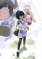  1boy 2girls :d ^_^ bag black_bag black_hair black_pants blonde_hair blue_eyes carrying carrying_person closed_eyes dark-skinned_female dark-skinned_male dark_skin fairy full_body gallica_(metaphor:_refantazio) gapamopa hair_between_eyes hairband heterochromia highres maria_(metaphor:_refantazio) metaphor:_refantazio mini_person minigirl multiple_girls pants protagonist_(metaphor:_refantazio) short_hair shoulder_bag sitting_on_shoulder smile yellow_eyes 