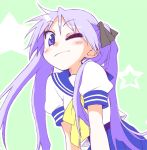  hiiragi_kagami long_hair lucky_star mikami_komata mikami_konu purple_hair ribbon school_uniform smile solo twintails wink 