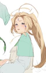  1girl aa_megami-sama antenna_hair belldandy blonde_hair blue_eyes facial_mark floating_hair forehead_mark from_side highres layered_sleeves lips long_hair looking_at_viewer parted_lips ponytail sketch solo teeth upper_body upper_teeth_only yi_shin_jian 