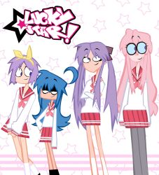  2010s_(style) ahoge arms_crossed artstyle black_socks blue_hair cartoon cartoon_network cartoonized drawing four_girls glasses gray_thighhighs green_eyes group hands_on_hips hands_together headband hiiragi_kagami hiiragi_tsukasa izumi_konata japanese_clothes long_hair looking_at_another looking_to_the_side lucky_star mole mole_under_eye multiple_girls neckerchief parody pink_hair pink_skirt pink_uniform ponytails posing purple_eyes purple_hair relaxed ribbon ribbons ryouou_school_uniform sailor_uniform school_shoes school_uniform serafuku short_hair simple-background smiley_face smirk standing star_(symbol) style_parody takara_miyuki white_socks white_uniform 