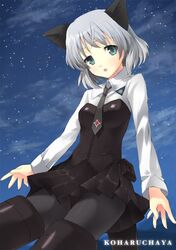  bad_id black_legwear cat_ears green_eyes kimishima_ao kimishima_junsei necktie pantyhose sanya_v_litvyak short_hair silver_hair star stars strike_witches tail 