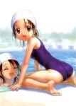  ass barefoot brown_eyes brown_hair closed_eyes fang feet goto_p happy highres multiple_girls one-piece one-piece_swimsuit smile swimsuit 