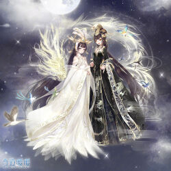  2girls artist_request bird black_dress black_shawl brown_hair chinese_clothes clenched_hand closed_mouth collared_dress copyright_name crown detached_sleeves dragon dragon_of_apocalypse_(miracle_nikki) dragon_print dress eastern_dragon eyelashes feather-trimmed_dress feather_hair_ornament feathers fog full_body gold_crown goose hair_ornament high_collar highres light_particles lipstick logo long_dress long_hair long_sleeves makeup miracle_nikki multiple_girls nikki_(series) offering_hand official_art outstretched_hand palms phoenix_of_genesis_(miracle_nikki) quetzal_(bird) red_lips shawl sleeveless sleeveless_dress smile space sparkle square_neckline standing star_(sky) swallow_(bird) third-party_source very_long_hair violet_eyes white_dress white_sleeves wide_sleeves yellow_eyes 