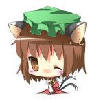  bad_id brown_hair cat_ears cat_tail chen chibi earrings hat jewelry lowres ribbon ribbons short_hair subachi tail touhou wink 