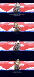  2girls absurdres admiral_hipper_(azur_lane) ahoge artist_name azur_lane blonde_hair closed_mouth cross english_text green_eyes helltaker highres iron_cross multicolored_hair multiple_girls panzsan parody prinz_eugen_(azur_lane) red_eyes red_hair red_sky shaded_face sky smug streaked_hair style_parody two_side_up vanripper_(style) white_hair 