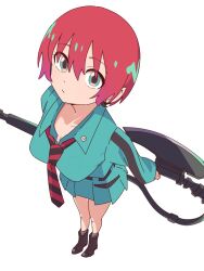  1girl amate_yuzuriha aqua_eyes aqua_shirt aqua_skirt axe bluearcadegames breasts closed_mouth gundam gundam_gquuuuuux heat_hawk highres holding holding_axe holding_weapon long_sleeves looking_at_viewer necktie red_hair school_uniform shirt short_hair simple_background skirt solo weapon white_background 