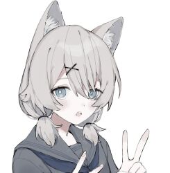  1girl animal_ear_fluff animal_ears blue_eyes blue_neckerchief blush cat_ears commentary_request crossed_bangs double-parted_bangs double_v from_side grey_hair grey_shirt hair_between_eyes hair_ornament hair_over_shoulder hair_tie hairpin highres indie_virtual_youtuber looking_at_viewer low_twintails maga_mitsuki neckerchief open_mouth oshio_(baniniwana) school_uniform serafuku shirt sidelocks simple_background solo teeth twintails upper_body upper_teeth_only v virtual_youtuber white_background 