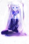  alt_(apou) apou blue_eyes blue_hair hatsune_miku highres long_hair necktie simple_background sitting skirt smile solo twintails vocaloid 