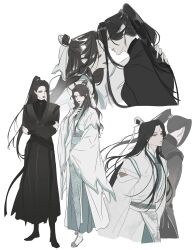  2boys 2girls absurdres bindi black_footwear black_hanfu black_lips boots chinese_clothes closed_eyes closed_mouth cowboy_shot crossed_arms ea_ateu earrings folded_fan folding_fan from_side full_body green_eyes hair_bun hand_fan hand_on_another's_back hanfu high_ponytail highres holding holding_fan jewelry korean_commentary lipstick long_hair long_sleeves looking_at_another looking_at_viewer makeup ming_yi multiple_boys multiple_girls multiple_views open_mouth parted_lips ponytail ribbon ribboned_xiao_guan sash shi_qingxuan tianguan_cifu upper_body white_background white_footwear white_hanfu white_ribbon wide_sleeves xiao_guan_(headdress) yellow_eyes yuri 