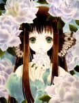  bare_shoulders brown_hair flower green_eyes highres long_hair mouth_hold rose roses 
