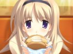  chaos;head close-up food game_cg hairband hamburger long_hair matsuo_yukihiro nishijou_nanami purple_eyes solo 