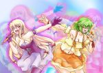  angry arm_garter bad_proportions blonde_hair breasts choker cleavage corset cosplay endou_aya gloves green_hair kazami_yuuka lace lace-trimmed_thighhighs leaning_forward long_hair macross macross_frontier microphone midriff mokei multiple_girls open_mouth orange_dress parody purple_eyes purple_legwear ranka_lee ranka_lee_(cosplay) red_eyes ribben ribbon seiyuu_connection sheryl_nome sheryl_nome_(cosplay) short_hair skirt thighhighs touhou yakumo_yukari zoom_layer 