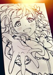  1girl bow bowtie commentary flower hair_flower hair_ornament hair_ribbon highres kimi_no_kokoro_wa_kagayaiteru_kai? kougi_hiroshi lineart looking_at_viewer love_live! love_live!_sunshine!! moire photo_(medium) puffy_short_sleeves puffy_sleeves reaching reaching_towards_viewer ribbon short_hair short_sleeves solo symbol-only_commentary takami_chika unfinished 