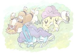  animal_focus claws closed_eyes commentary_request entei fangs flower grass highres lying no_humans open_mouth pokemon pokemon_(creature) pokemon_sleep raikou suicune toneko 
