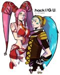  .hack//g.u. .hack//games bare_shoulders blue_hair breasts brown_eyes cleavage earrings facial_mark forehead_mark glasses jewelry kuhn midriff millgam necktie pi pink_hair smile tattoo twintails yellow_eyes 