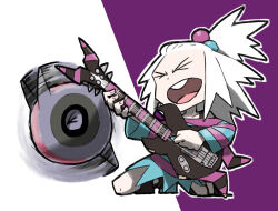  >_< 1girl bass_guitar black_footwear blacknirrow blue_dress closed_eyes dress full_body hair_bobbles hair_ornament holding holding_bass_guitar holding_instrument holding_plectrum instrument kneeling motion_blur open_mouth outline plectrum pokemon pokemon_(creature) pokemon_bw2 purple_dress roxie_(pokemon) short_hair simple_background smile spiky_hair spinning striped_clothes striped_dress teeth topknot two-tone_dress upper_teeth_only whirlipede white_hair white_outline 