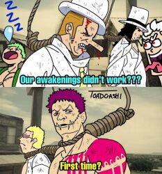 charlotte_katakuri crying donquixote_doflamingo gallows kaku_(one_piece) long_hair meme monkey_d._luffy monkey_d_luffy multiple_boys one_piece rob_lucci roronoa_zoro short_hair toadgashi