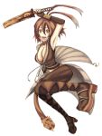  .hack//g.u. .hack//games alkaid antenna_hair armpits breasts bridal_gauntlets brown_hair cleavage crop_top high_heels leg_lift midriff open_mouth platform_footwear ribbon sandals scarf shoes short_hair solo sword weapon yellow_eyes yowkow 