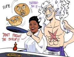 1boy 1girl aunt_jemima borsalino_(kizaru) jaygarcia_saturn monkey_d._luffy monkey_d_luffy one_piece pancake pun toadgashi