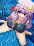  breasts cleavage hair_bow haruto hat large_breasts long_hair patchouli_knowledge purple_hair ribbon ribbons swimsuit touhou tsukudani_shirou water 