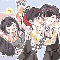  +++ 3girls :d animification arms_up black_dress black_hair blue_background braid checkered_clothes checkered_dress cheek_poking closed_eyes closed_mouth commentary double_bun dress hair_bun hashtag-only_commentary highres let's_be_one_(love_live!) long_hair long_sleeves looking_at_another love_live! love_live!_series_asia_tour_2024 love_live!_superstar!! misaki_nako moben multiple_girls official_alternate_costume open_mouth pink_dress poking real_life short_hair side_braids sideways_mouth single_side_bun smile split_mouth u_u v-shaped_eyebrows voice_actor yabushima_akane yuina_(voice_actor) 