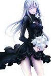  1girl absurdres bare_legs black_dress bouquet breasts cleavage_cutout closed_eyes dress early_type flower highres lips long_hair original revision silver_hair solo 