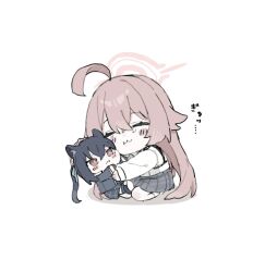  2girls :3 ahoge animal_ear_fluff animal_ears aqua_necktie black_hair black_jacket black_skirt black_socks blazer blue_archive blue_ribbon blush blush_stickers cat_ears character_doll chest_strap closed_eyes collared_shirt commentary_request crossed_bangs double-parted_bangs full_body grey_skirt hair_between_eyes hair_flaps hair_ribbon halo highres hoshino_(blue_archive) hug huge_ahoge jacket kneehighs long_hair long_sleeves mini_person minigirl multiple_girls necktie open_clothes open_jacket oshio_(baniniwana) pink_hair pink_halo plaid_clothes plaid_skirt pleated_skirt red_eyes ribbon serika_(blue_archive) shirt simple_background sitting skirt socks tears translation_request twintails very_long_hair wariza white_background white_shirt white_socks 