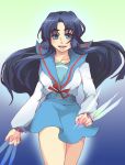  blades blue_eyes blue_hair long_hair mechi school_uniform suzumiya_haruhi_no_yuuutsu weapon 